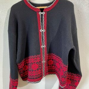 Red Black Nordic Fair Isle Wool Blend Toggle Cardigan Sweater Cozy Knit 2X Warm